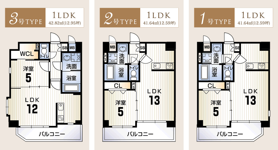 3号タイプ:1LDK(42.82平米)、2号タイプ:1LDK(41.64平米)、1号タイプ:1LDK(41.64平米)