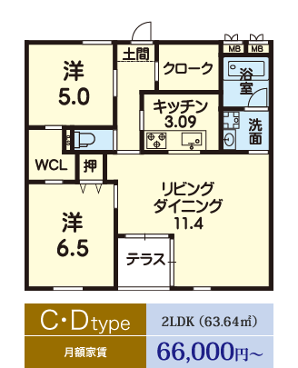 C・D Type 2LDK (63.64平米) 月額家賃66,000円