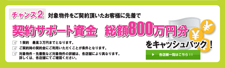 【チャンス２】契約サポート資金 総額800万円分キャッシュバック