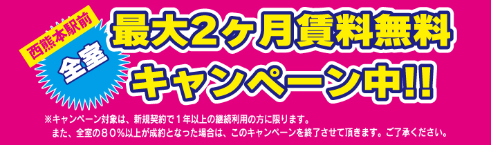 全室最大2ヶ月賃料無料キャンペーン中!! ※キャンペーン対象は、新規契約で1年以上の継続利用の方に限ります。また、全室の80％以上が成約となった場合は、このキャンペーンを終了させて頂きます。ご了承ください。