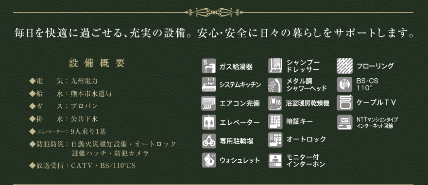 設備概要 電気：九州電力、給水：熊本市水道局、ガス：プロパン、排水：公共下水、エレベーター：9人乗り1基、防犯防災：自動火災報知設備・オートロック・非難ハッチ・防犯カメラ、法送受信：CATV・BS/110°CS