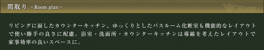 間取り　リビングに面したカウンターキッチン、ゆっくりとしたバスルーム化粧室も機能的なレイアウトで使い勝手の良さに配慮。浴室・洗面所・カウンターキッチンは導線を考えたレイアウトで家事効率の良いスペースに。