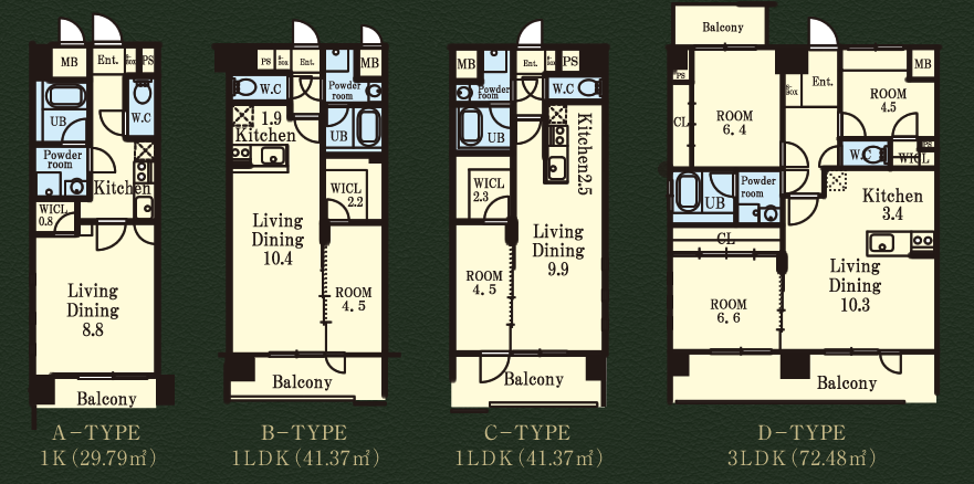 A-type 1K(29.79平米)、B-type1LDK(41.37平米)、C-type1LDK(41.37平米)、D-type3LDK(72.48平米)