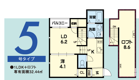 5号タイプ 1LDK+ロフト(専有面積32.44㎡)